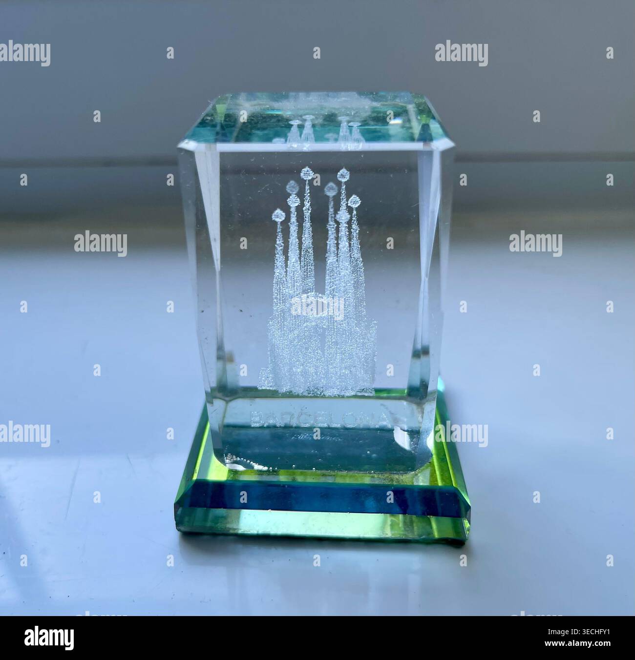 A lovely glass etched souvenir of Sagrada Familia in Barcelona - Smartphone Captured Stock Image