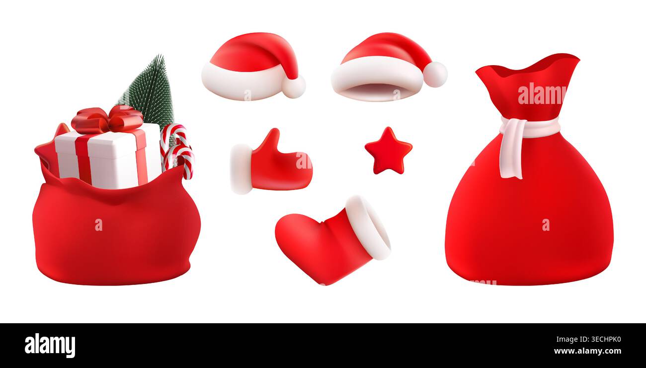 3D Santa Claus red bag with wrapped gift, secret New Year present. Christmas tree, candy cane and star decoration in pouch sack. Realistic vector Stock Vector