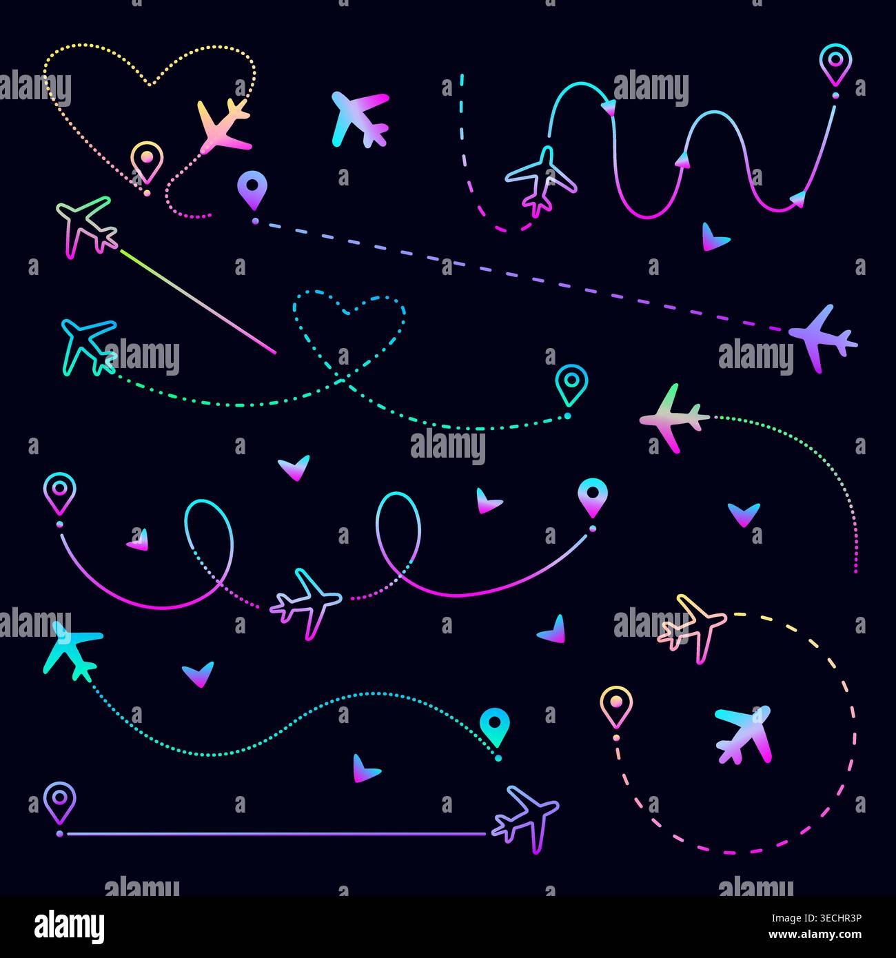 Neon airplane path set, luminescent vector plane route collection ...