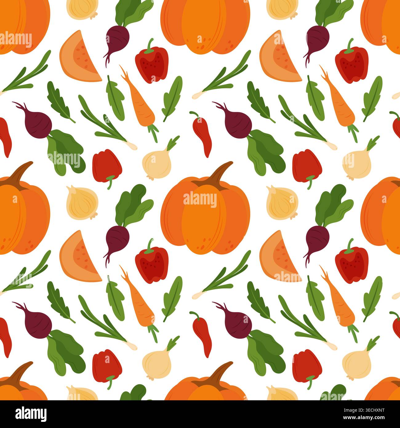 Simple flat vegetables seamless pattern. Colorful autumn harvest of pumpkin zucchini eggplant cucumber potato onion pepper tomato cabbage corn carrot Stock Vector