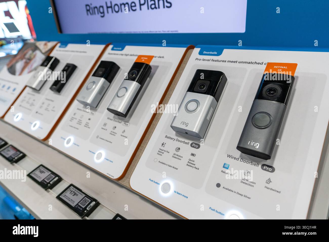 Ring Video Doorbells On Display At Electronics Store With Smart Home Security Demo Units Stock Photo