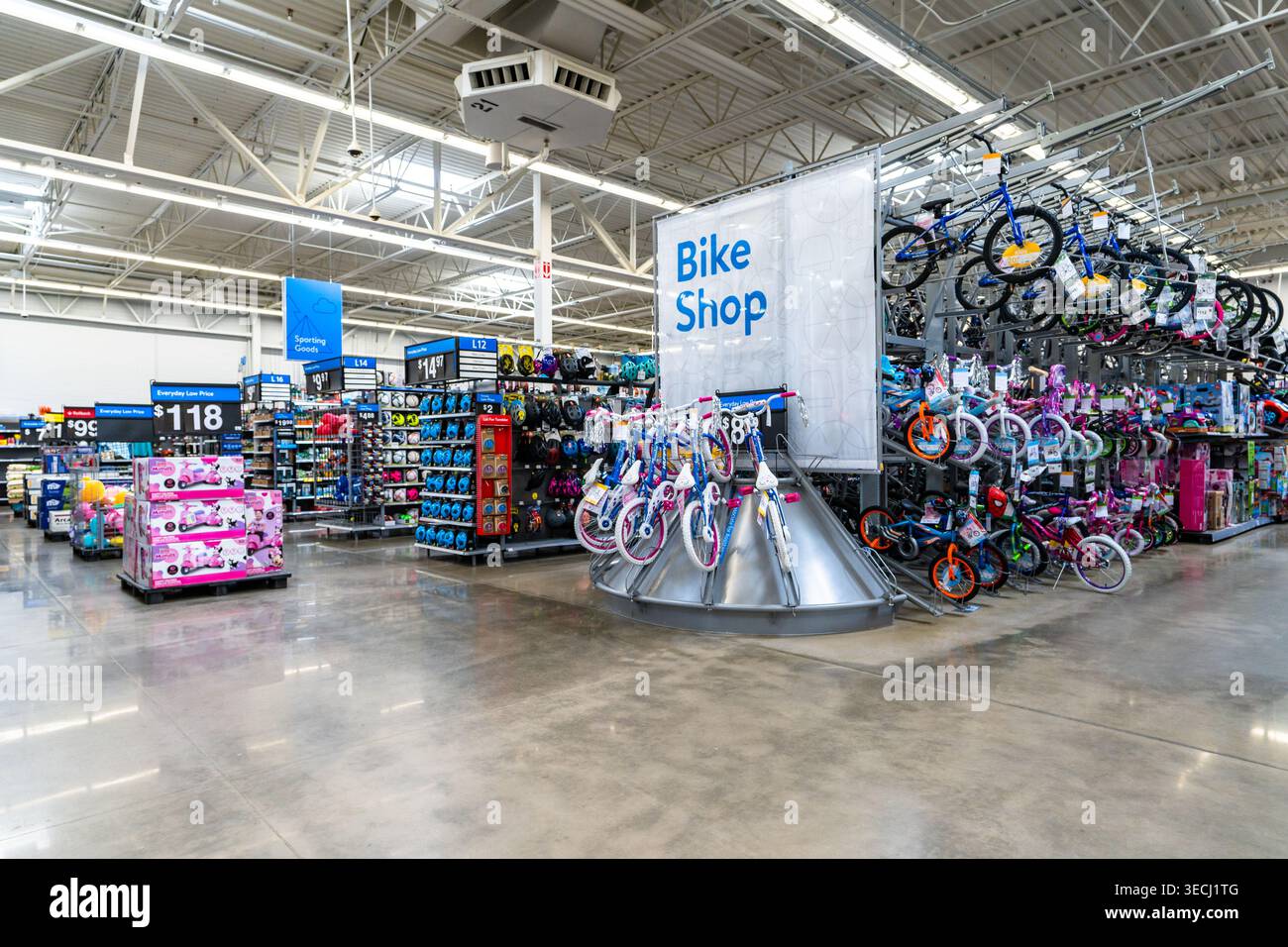Walmart Supercenter Bike And Toy Section Featuring Bicycles And Recreational Products On Retail Store Shelf Stock Photo