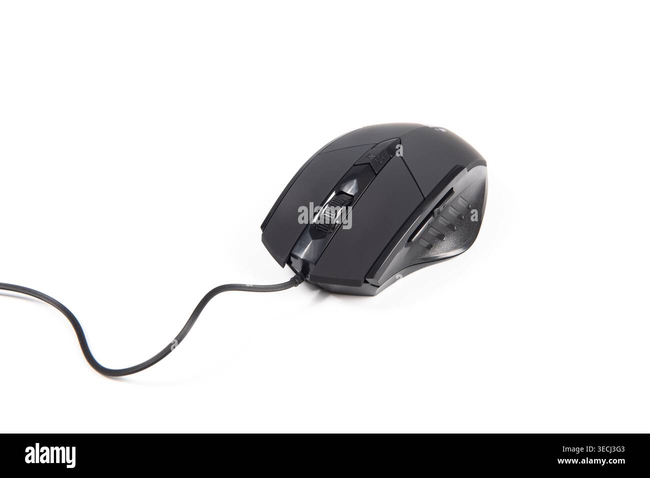 Ergonomic wired computer gaming mouse with side buttons on white background Stock Photo