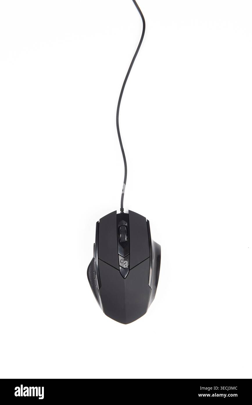 Black wired computer mouse on a clean white background, creating a minimalist high-tech theme Stock Photo