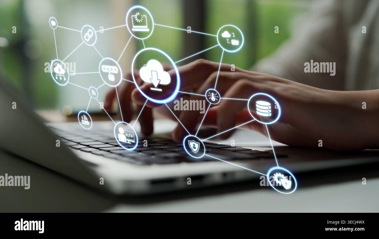 Cloud computing, cloud strategy, and cloud technology transforming digital infrastructure with scalable services, secure data storage, and cloud-based Stock Photo