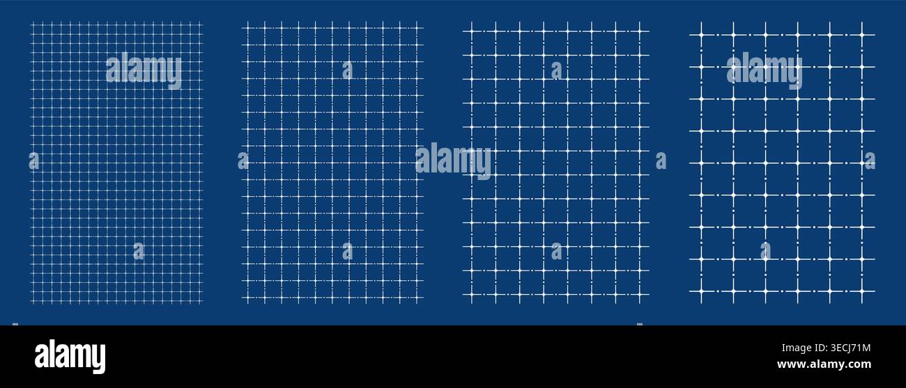 Blueprint grid set dot axis geometry, four scale variations. Wide medium dense micro spacing comparison, engineering layouts dashboards notebook pages interface planning systems technology graphics.  Stock Vector