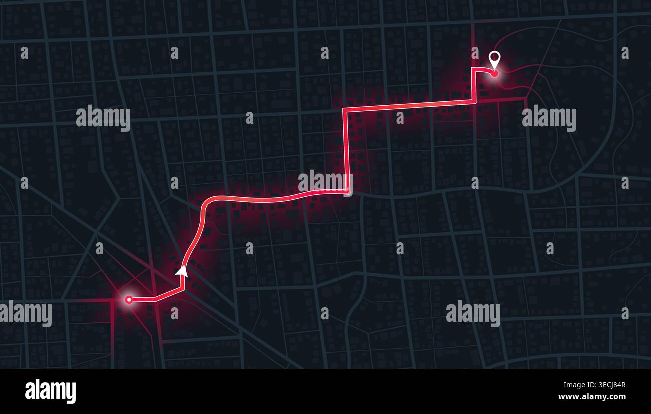 Dark city map with glowing red navigation path and destination pointer ...