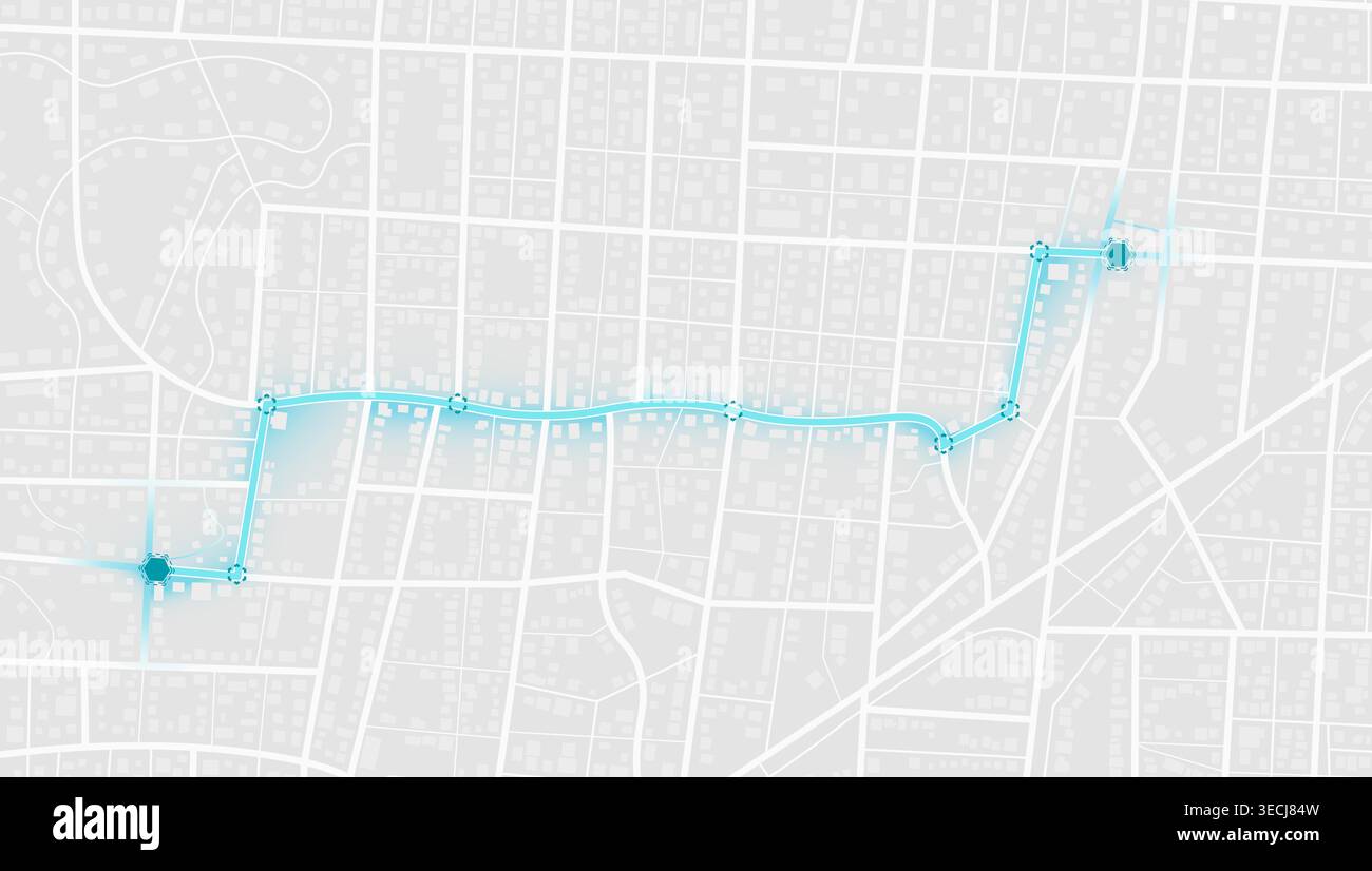 Example Map With Waypoints City street map with blue navigation route and waypoint markers showing ...