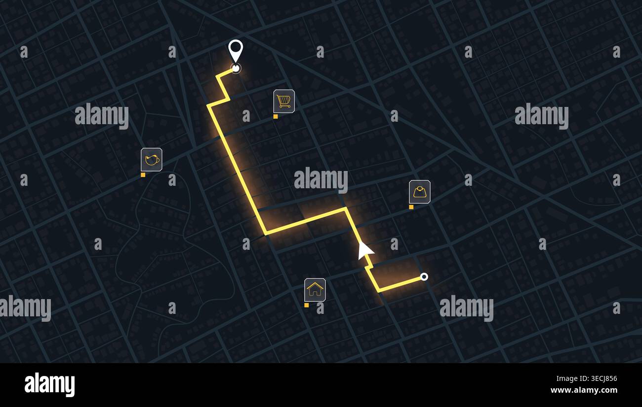 Dark city map showing glowing navigation route with location pins. GPS ...