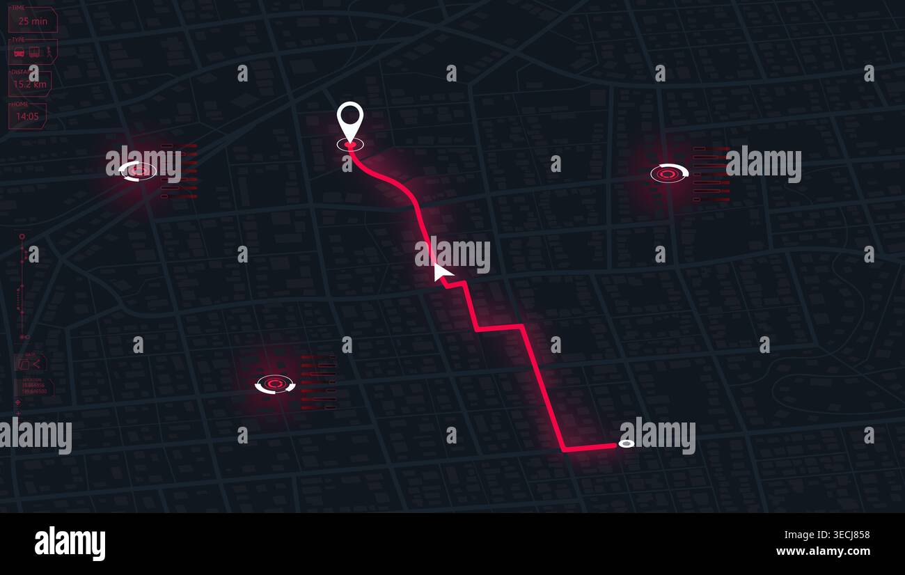 Futuristic city map with glowing red navigation path and HUD user interface elements showing GPS tracking data. Vector illustration. Stock Vector