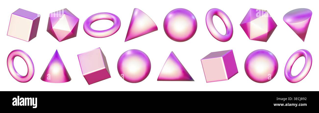 Pink 3d abstract basic shape, math figure object render. Iridescent elements, sphere cube and metal ring ball. Gradient holographic cone circle set Stock Vector