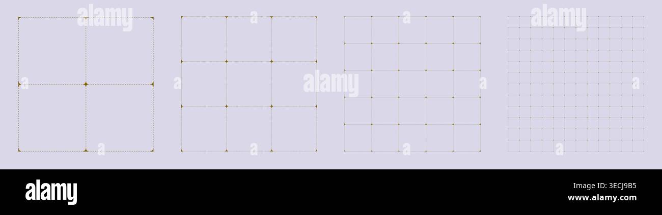 Square grid collection dashed line Star geometry, four samples blueprint style. Broken stroke lattice structure, interface layouts editorial compositions planning sheets dashboards digital technology  Stock Vector