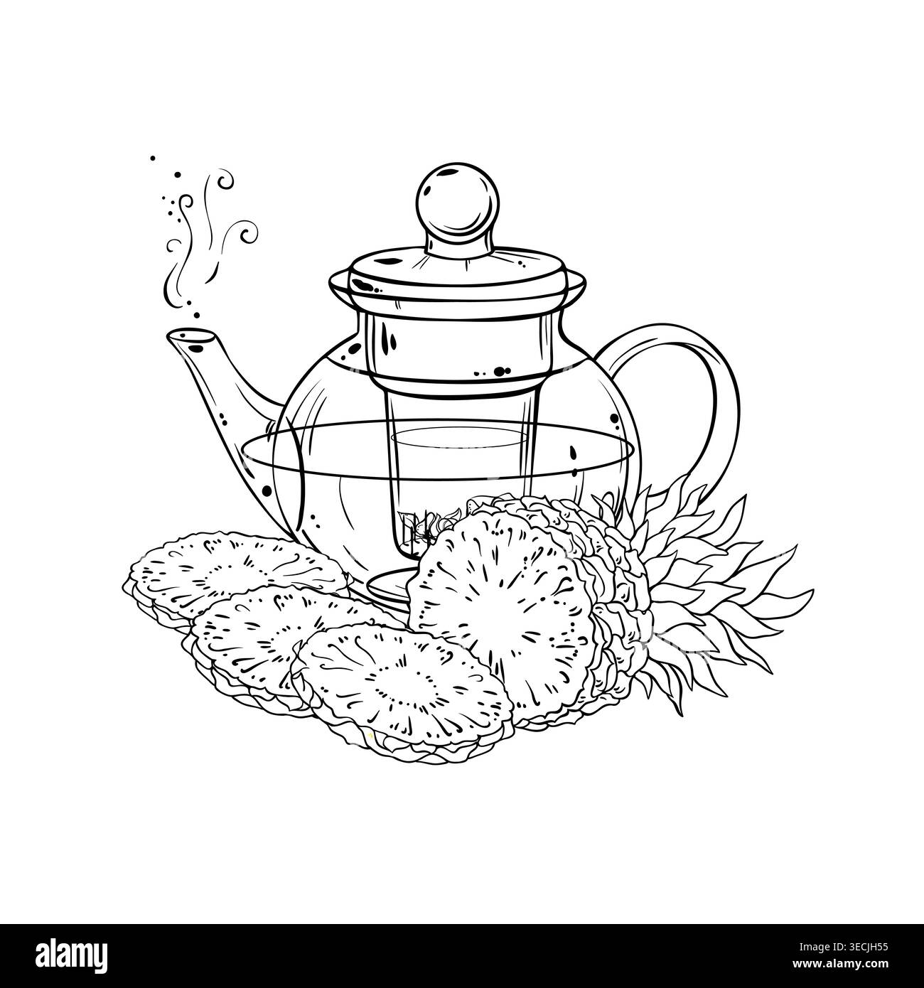 Pineapple Tea in Teapot Outline Illustration. Stock Vector