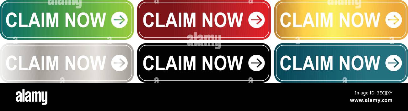 Claim Now Button Set with Right Arrow Icons Stock Vector