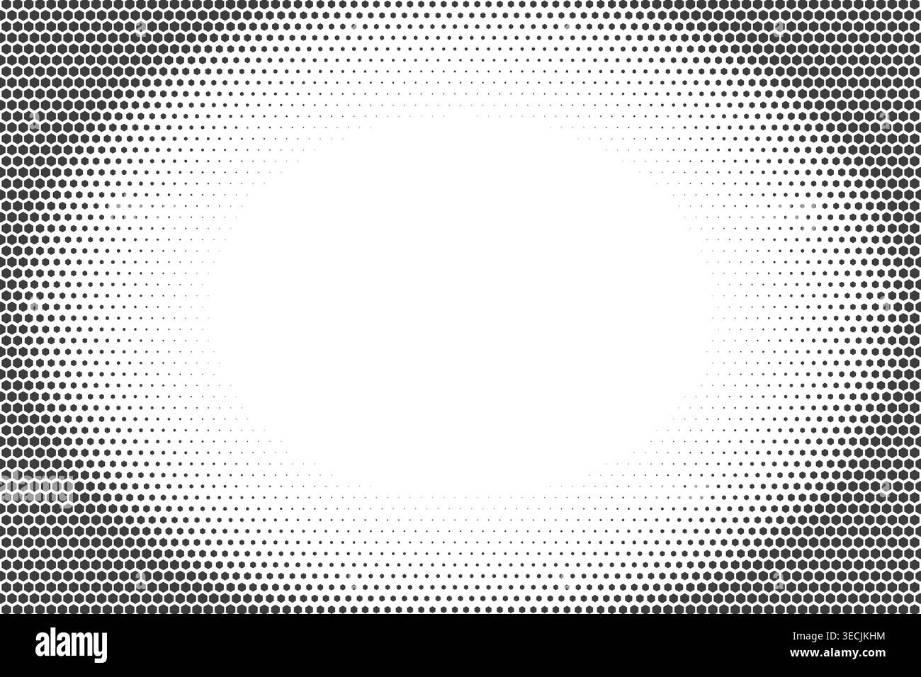 Hexagonal halftone texture with gradient fade. Modern geometric background. Subtle vignette border. Abstract composition with corner shadow effect Stock Vector