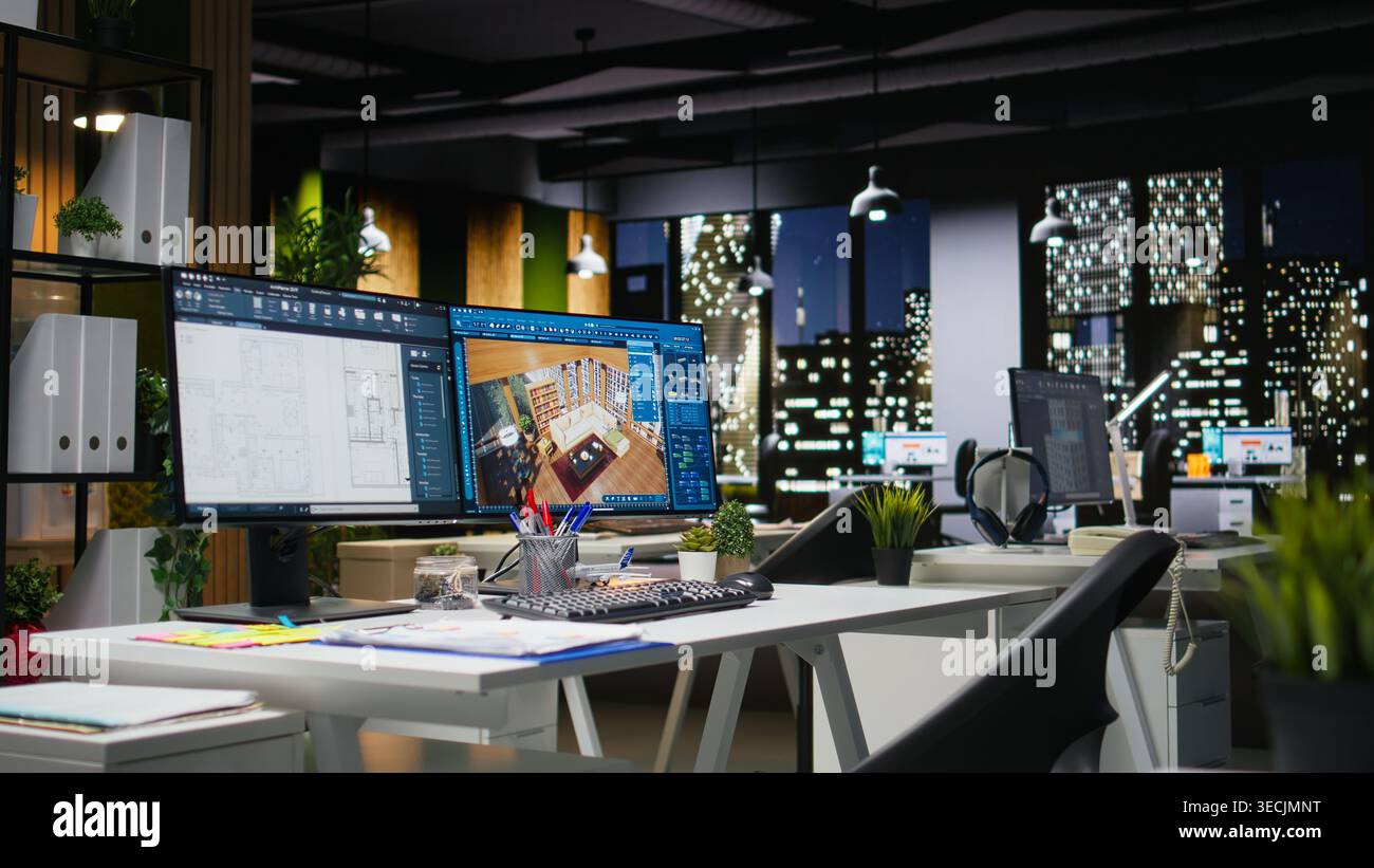 Modern architecture workspace featuring dual monitors with 3D rendering ...