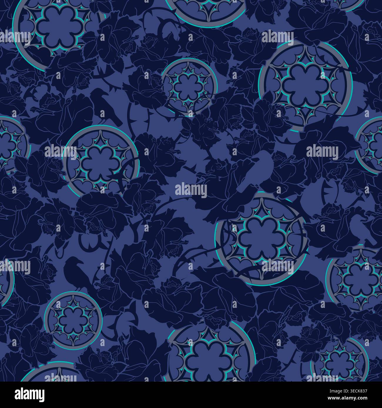 Gothic Rose and Cathedral Window Seamless vector Pattern with Ravens on Dark Blue Background Stock Vector