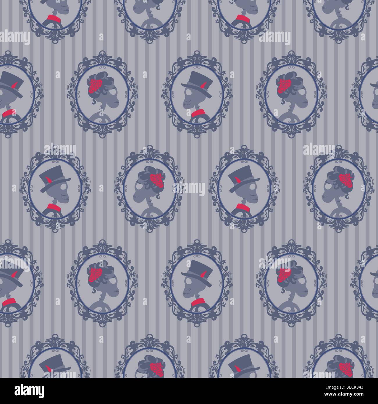 Victorian Gothic Cameo Seamless vector Pattern with Portrait Frames on Gray Striped Background Stock Vector