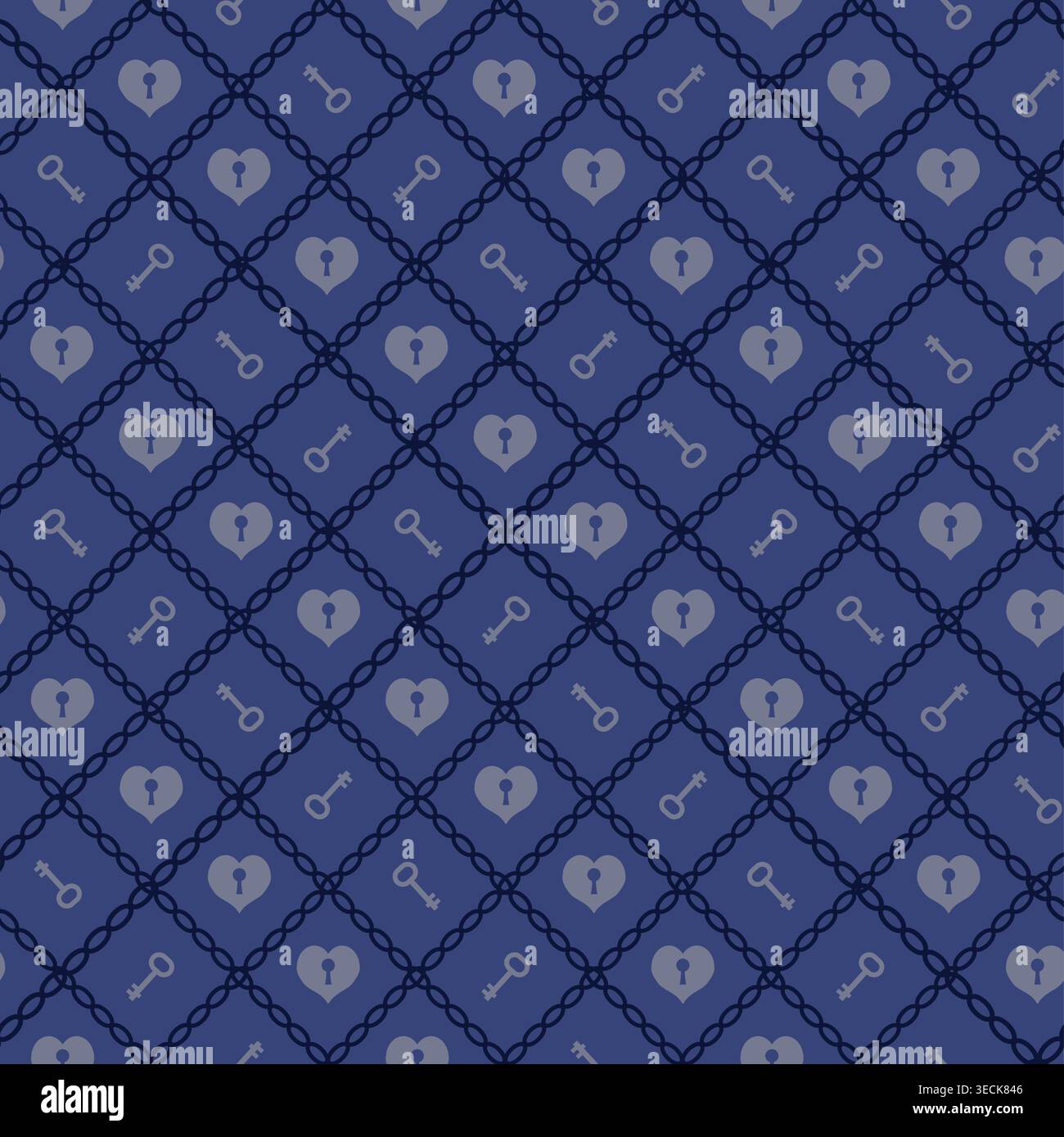 Romantic Gothic Lock and Key Seamless Vector Pattern with Heart Locks on Blue Background Stock Vector