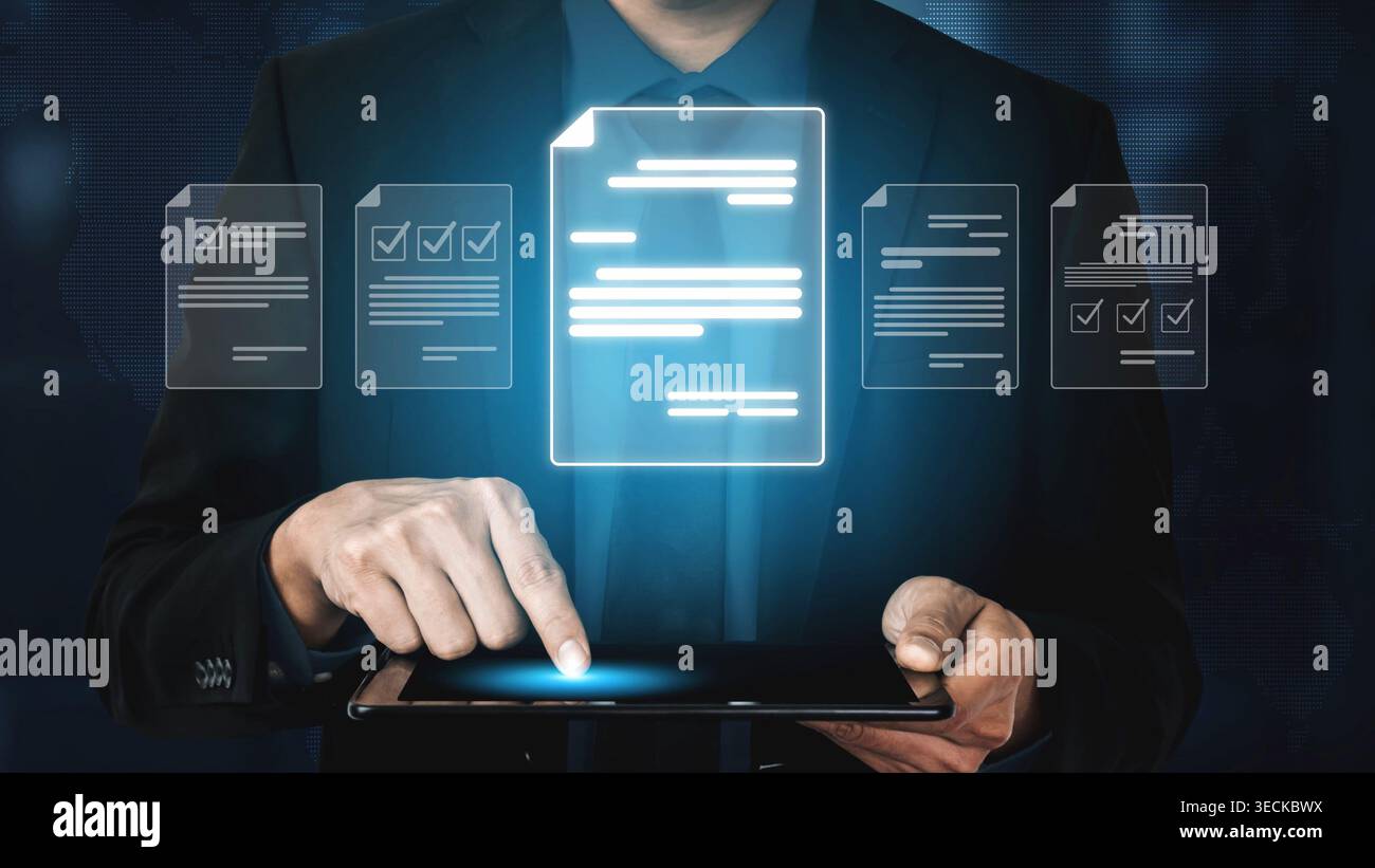 Online document management, cloud-based document access, secure digital file storage, paperless document workflow, and online document sharing for Stock Photo