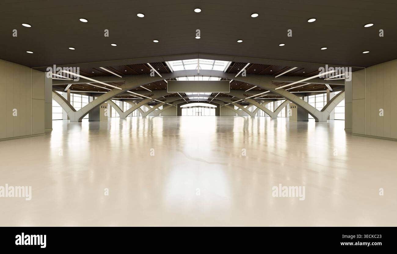 Wide modern exhibition hall interior with polished floor, skylight roof ...
