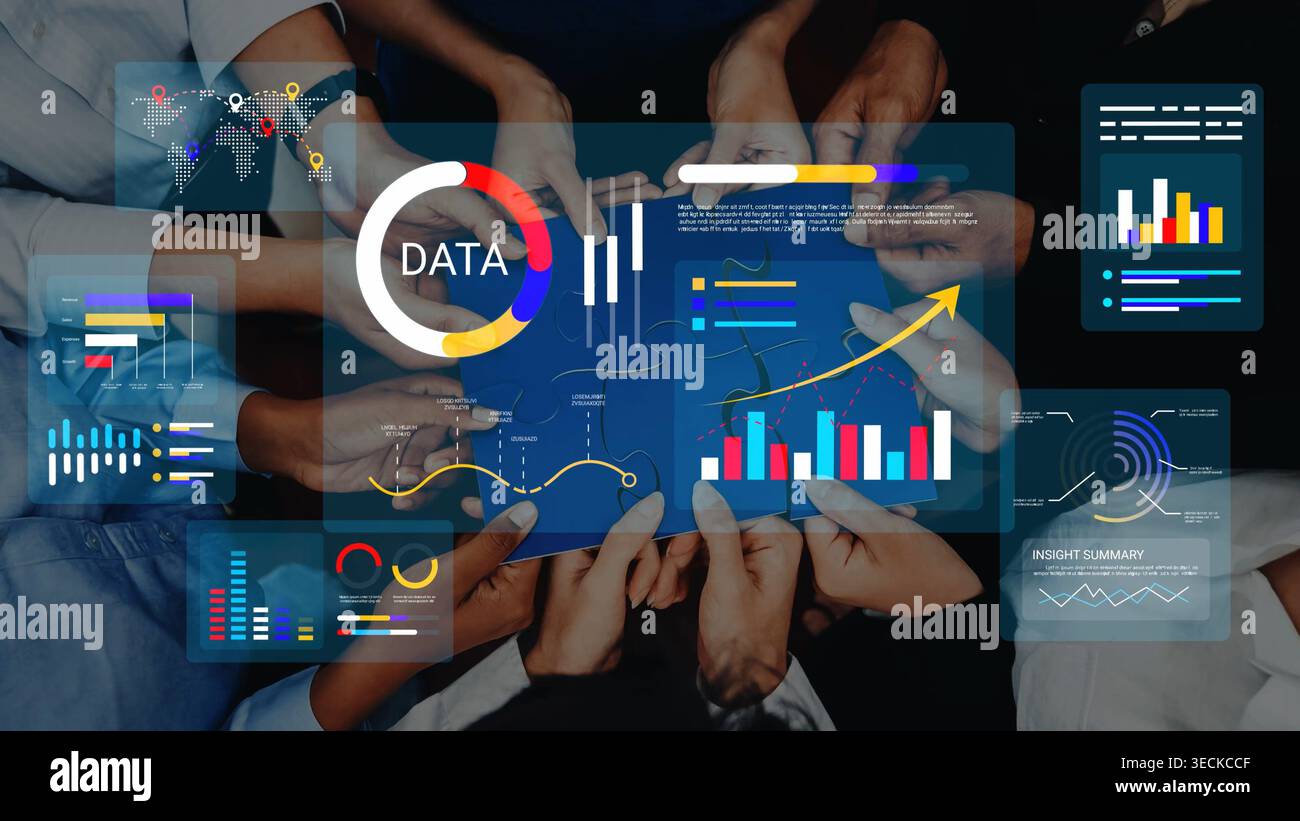 Diverse Group Collaborating on Data Analysis with Graphical Visualization and Charts, Insights and Performance Metrics in a Modern Workspace Stock Photo