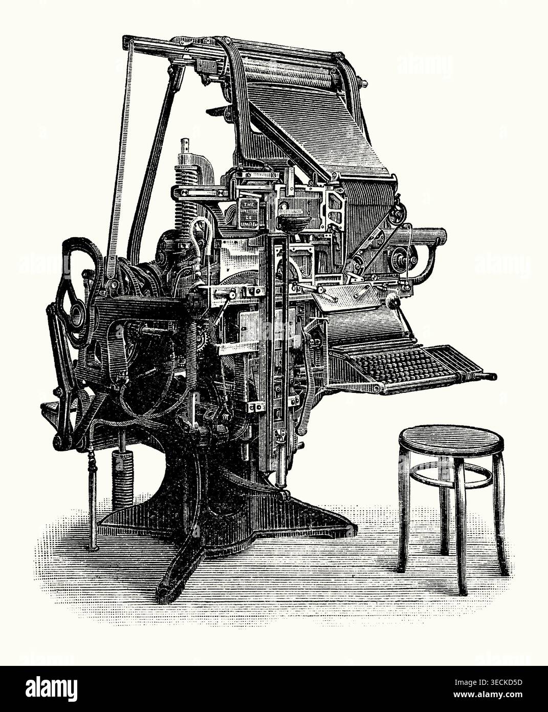 An old engraving of a Linotype machine. It is from a Victorian book of ...