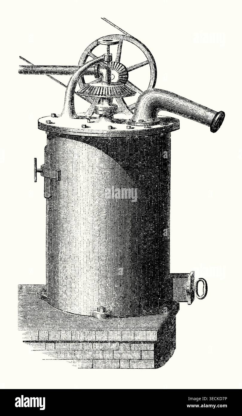 An old engraving of an early apparatus to make aniline. It is from a ...