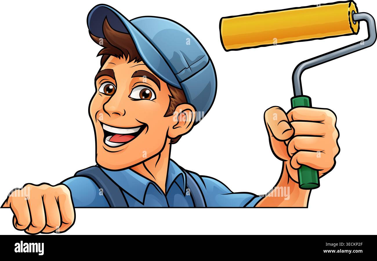 Painter Decorator Paint Roller Cartoon Handy Man Stock Vector