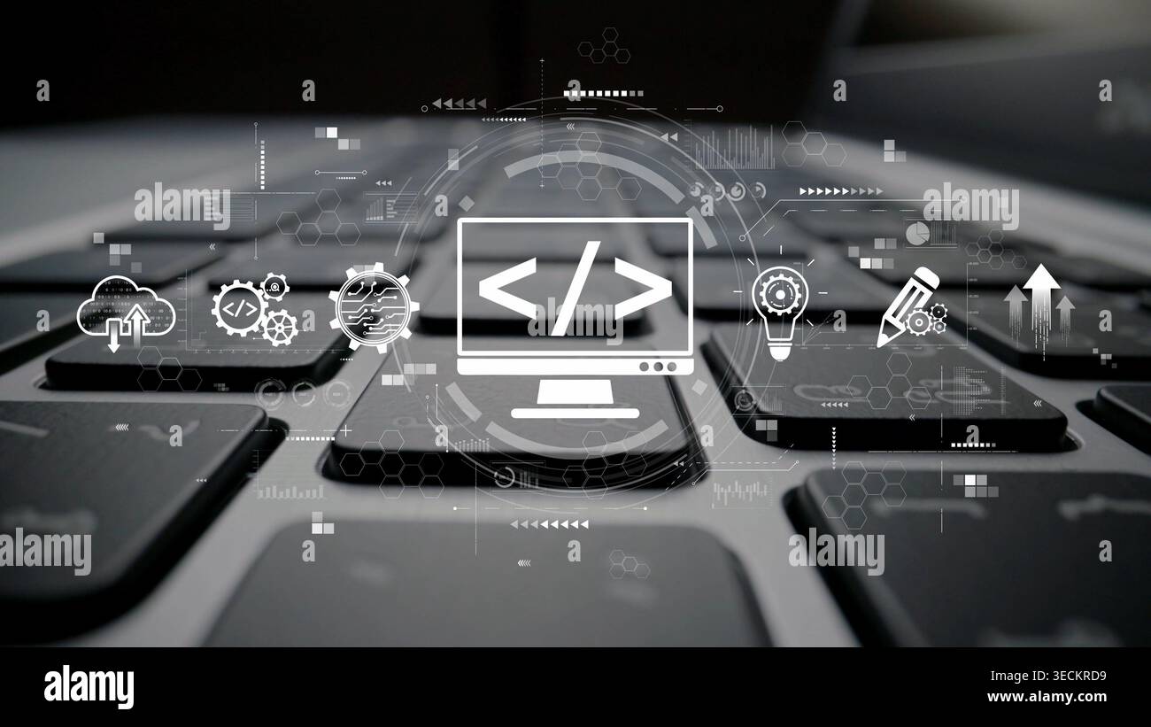 Modern web development concept featuring coding symbols, web development process, web development interface, and web development tools with futuristic Stock Photo