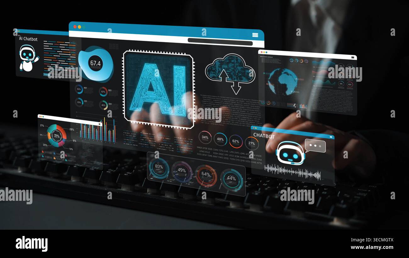 Futuristic User Interface Design Featuring Artificial Intelligence Displays and Data Analytics in a Modern Digital Workspace Sigmoid Stock Photo