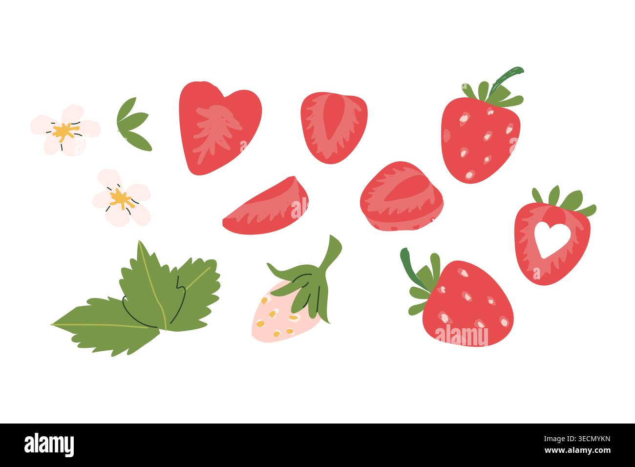strawberries Elements set of in a cartoon flat style. Includes whole strawberries, slices, leaves, and flowers. Ideal for food packaging, dessert menu Stock Vector