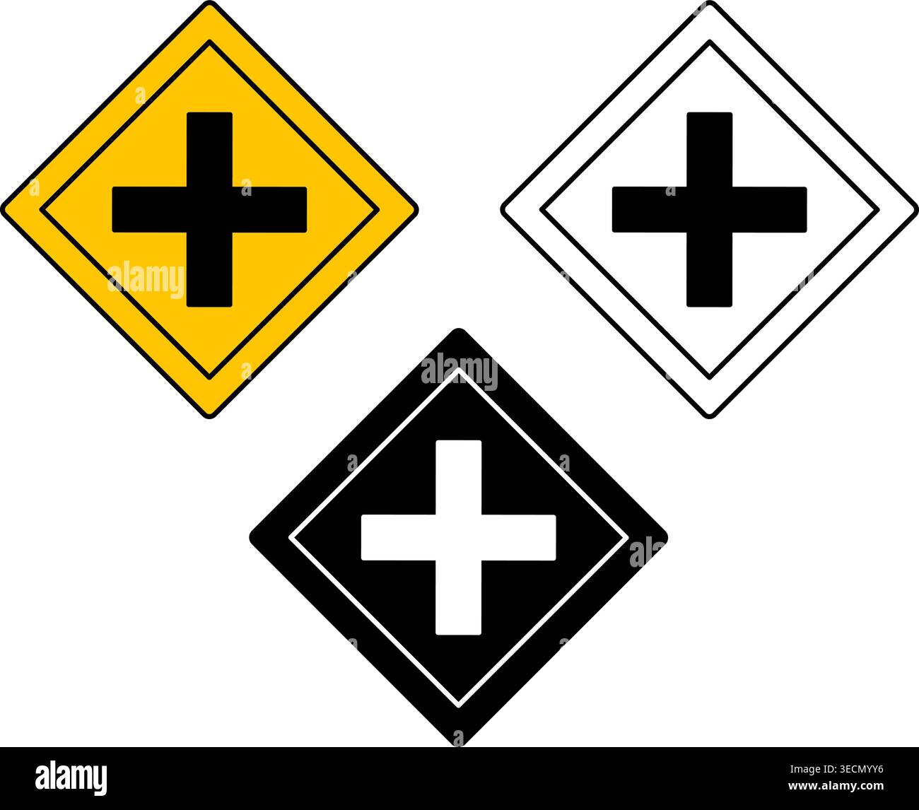 Road Intersection Signs. Warning Road Signs. Yellow, Black, and White ...