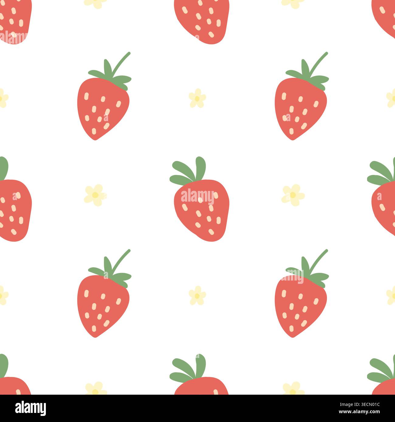Seamless strawberry pattern with flowers in cute flat style Stock Vector