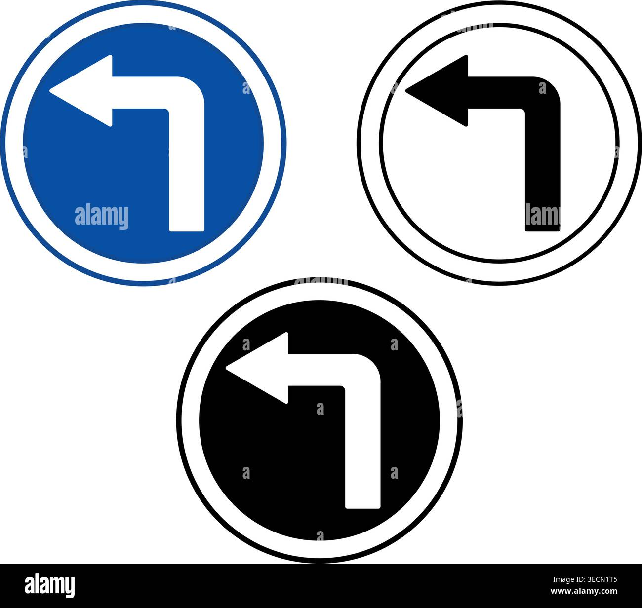 Turn Left Ahead Signs. Blue Round Road Signs. Black and White Vector Icons Stock Vector