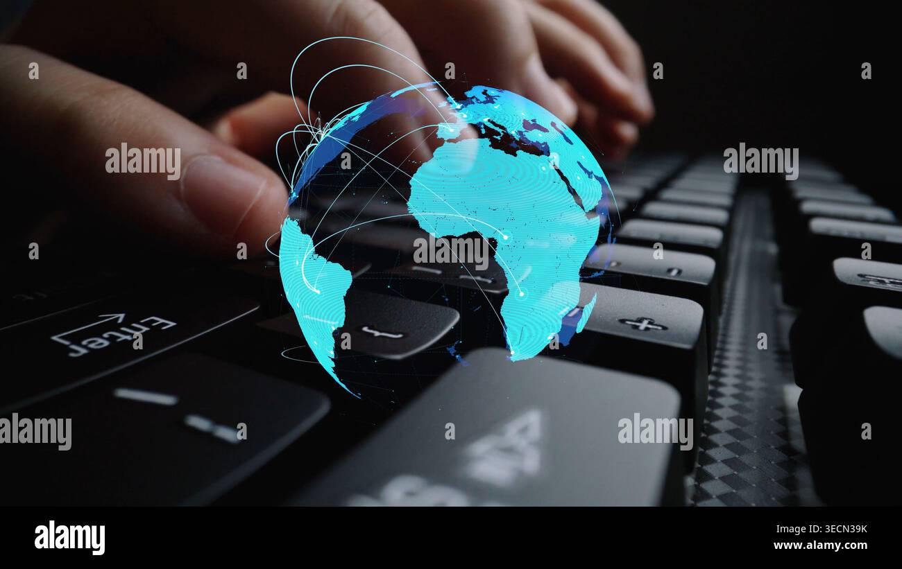 Global network connection visualization showing data exchange, digital link, worldwide communication. Global data flow and digital network Stock Photo