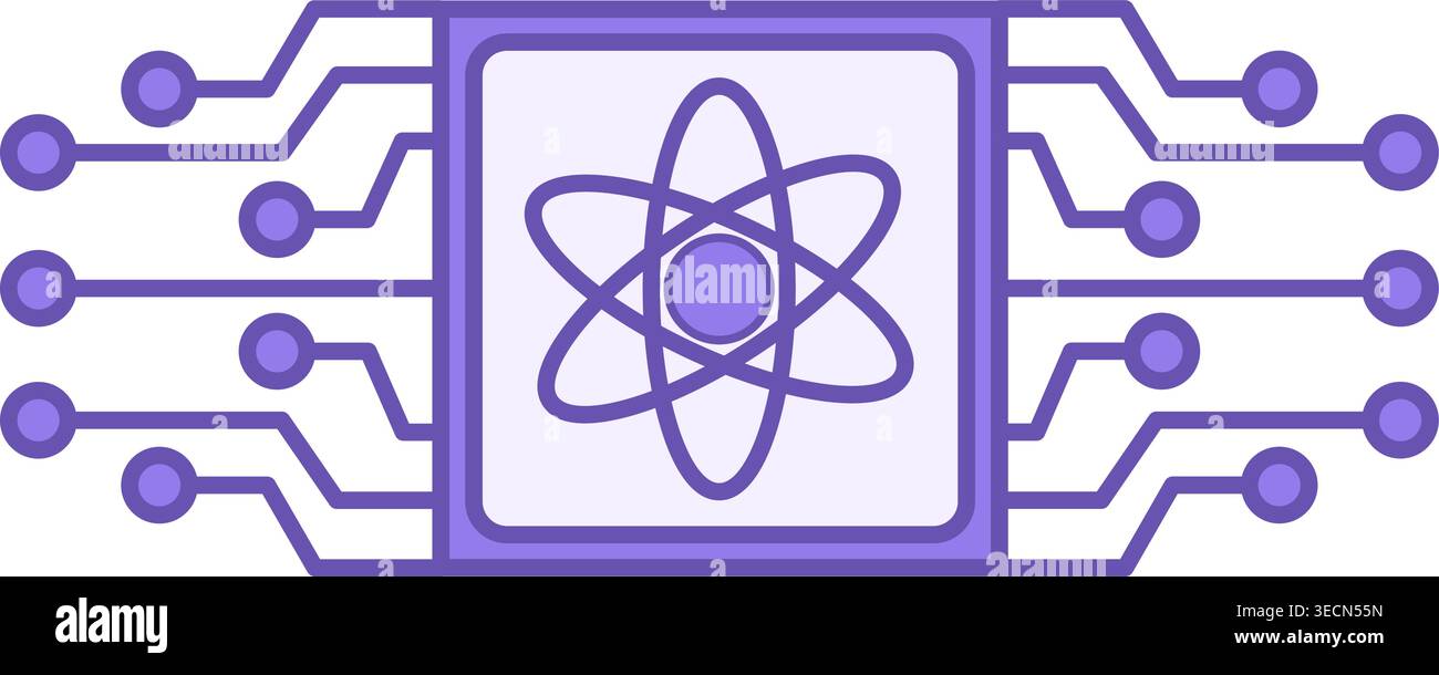 Colored Quantum Computing icon. Vector Illustration of Microchip and Atom Sign. Technology Concept Stock Vector