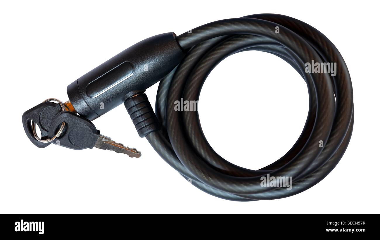 black bicycle lock with keys, isolated security cable lock on white background Stock Photo