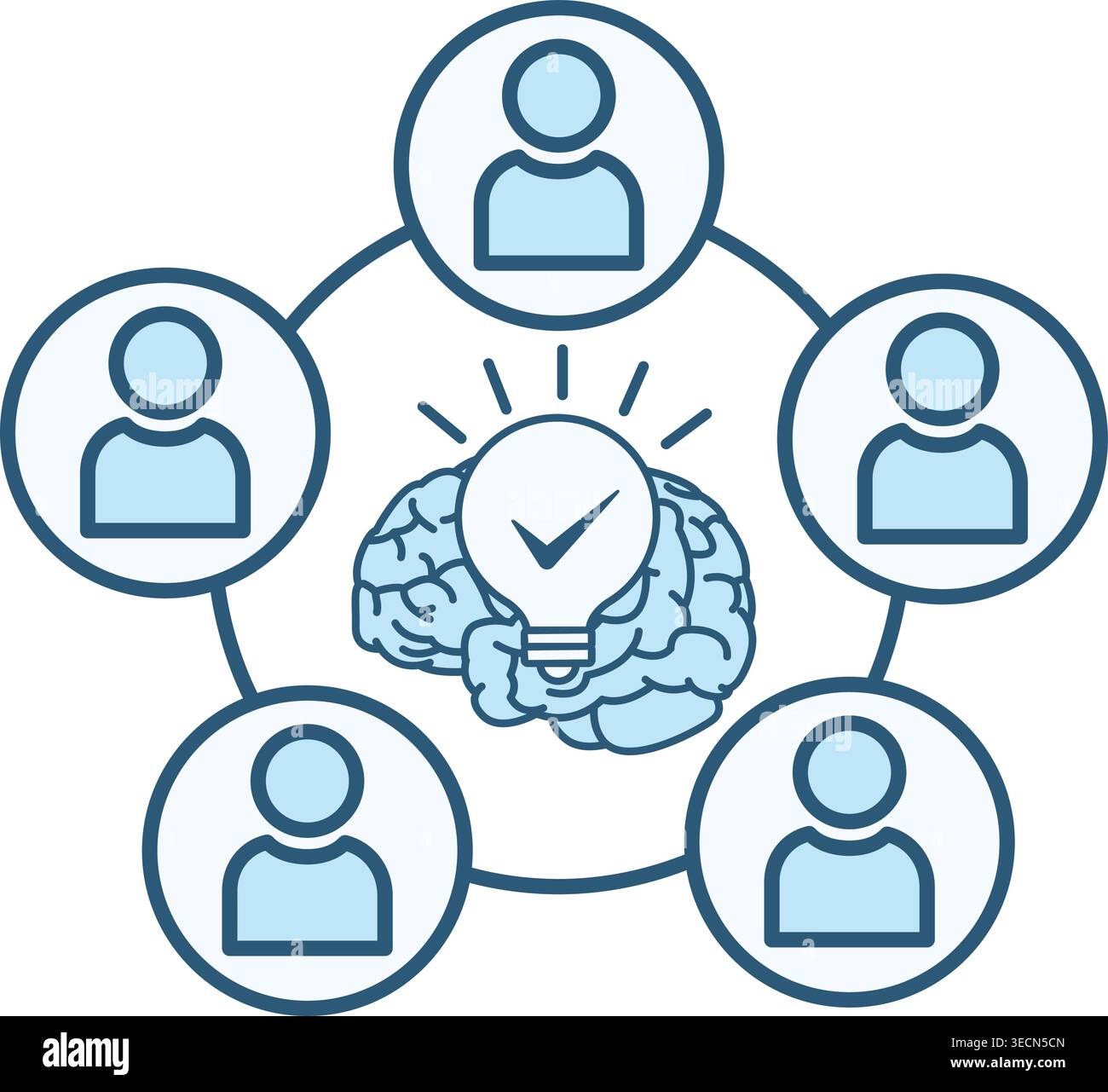 Colored Brainstorming Icon. Discussion of New Creative Projects. Vector Illustration of People, Brain, and Glowing Light Bulb. Business and Teamwork C Stock Vector