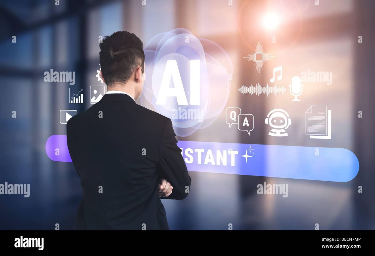 Businessman Engaging with Artificial Intelligence Technology Interface in Modern Office Environment with Digital Elements and Visual Data Stock Photo