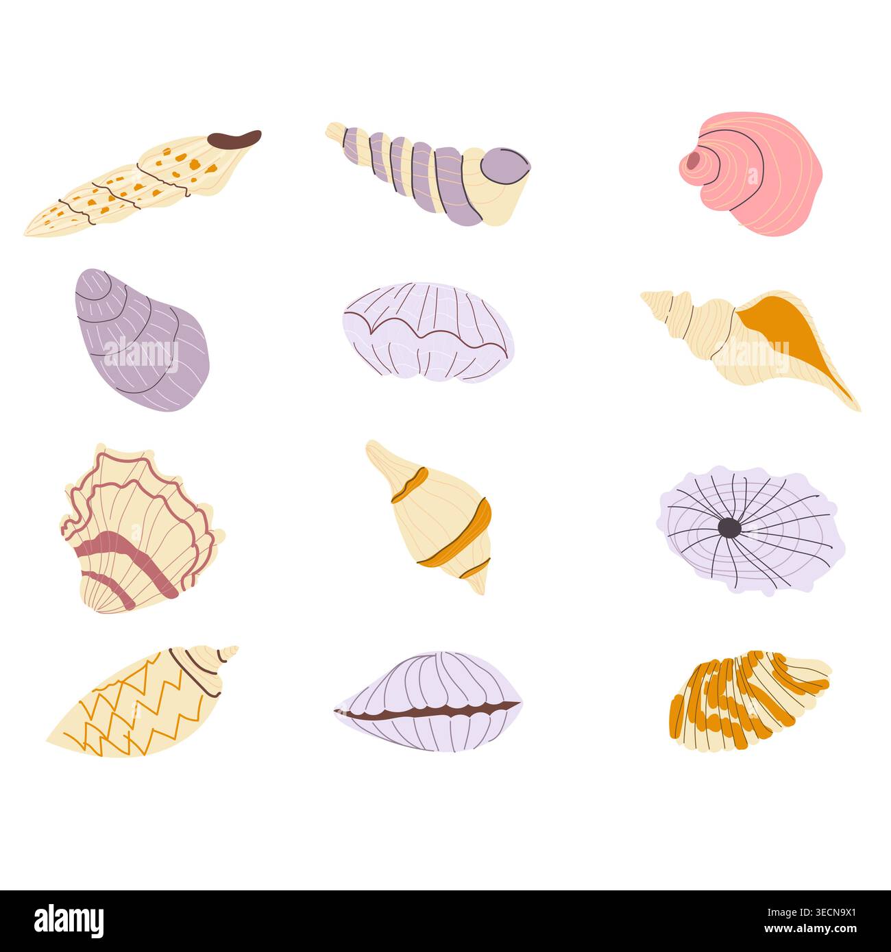 Set of seashell icons in a flat cartoon style. Collection of shells ...