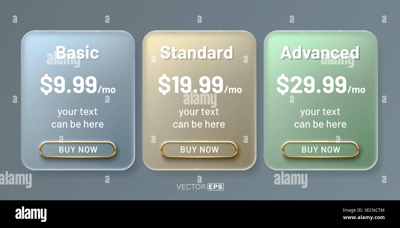 Sleek pricing table with three frosted glass subscription plans for Basic, Standard, and Advanced options. Vector illustration Stock Vector
