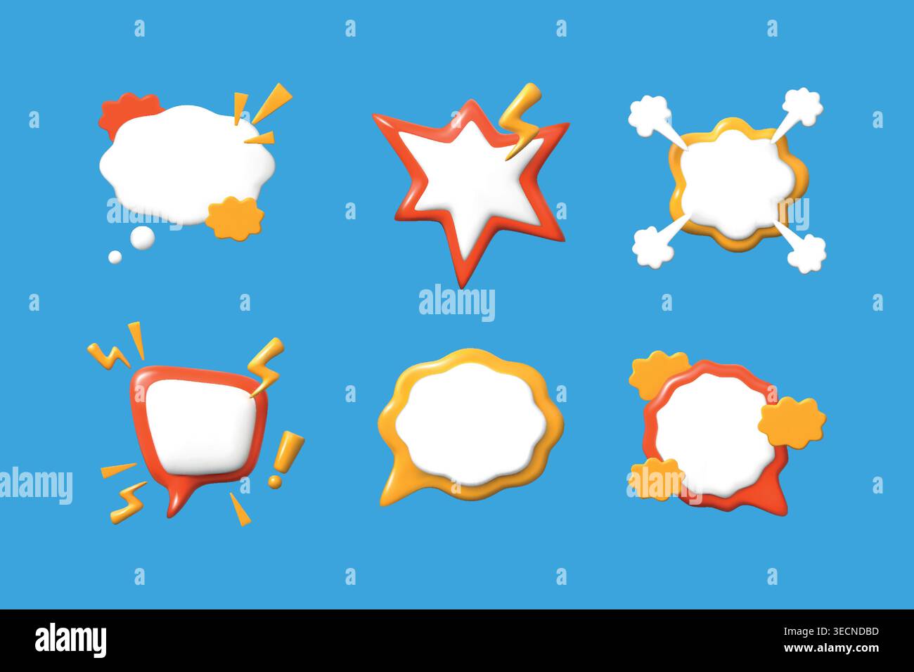 3d think cloud. Comic speech balloon reactions, white empty text box or chat message shape. Glossy cartoon render elements. Explosion comment and thinking cloud, vector set isolated on background Stock Vector