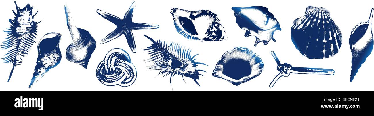 Halftone seashell set blue cyanotype vector illustration Stock Vector