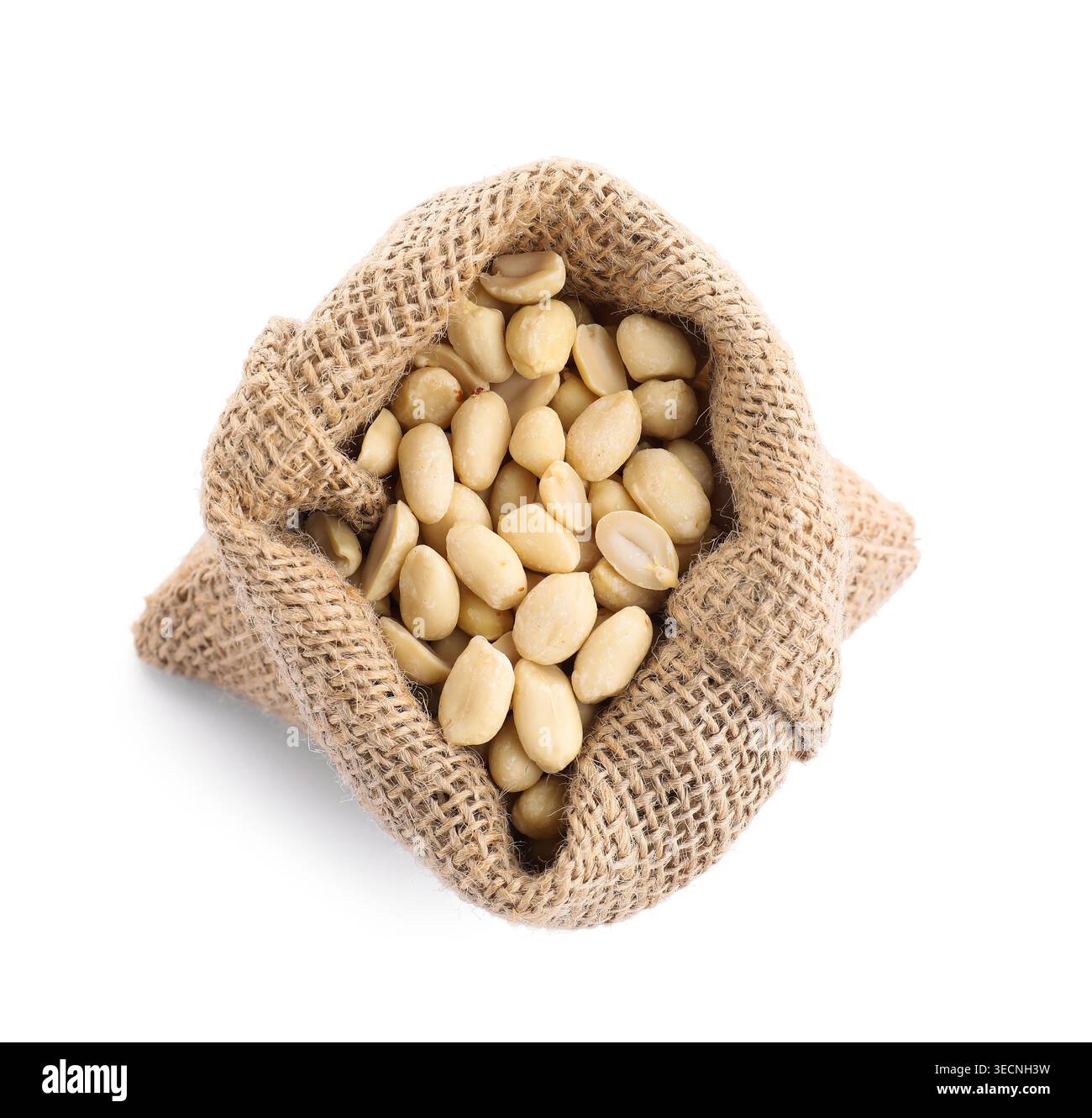 Peanuts in burlap bag isolated on white Stock Photo