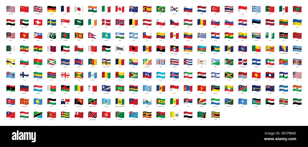 Collection of world country flags in wave icon format isolated ...