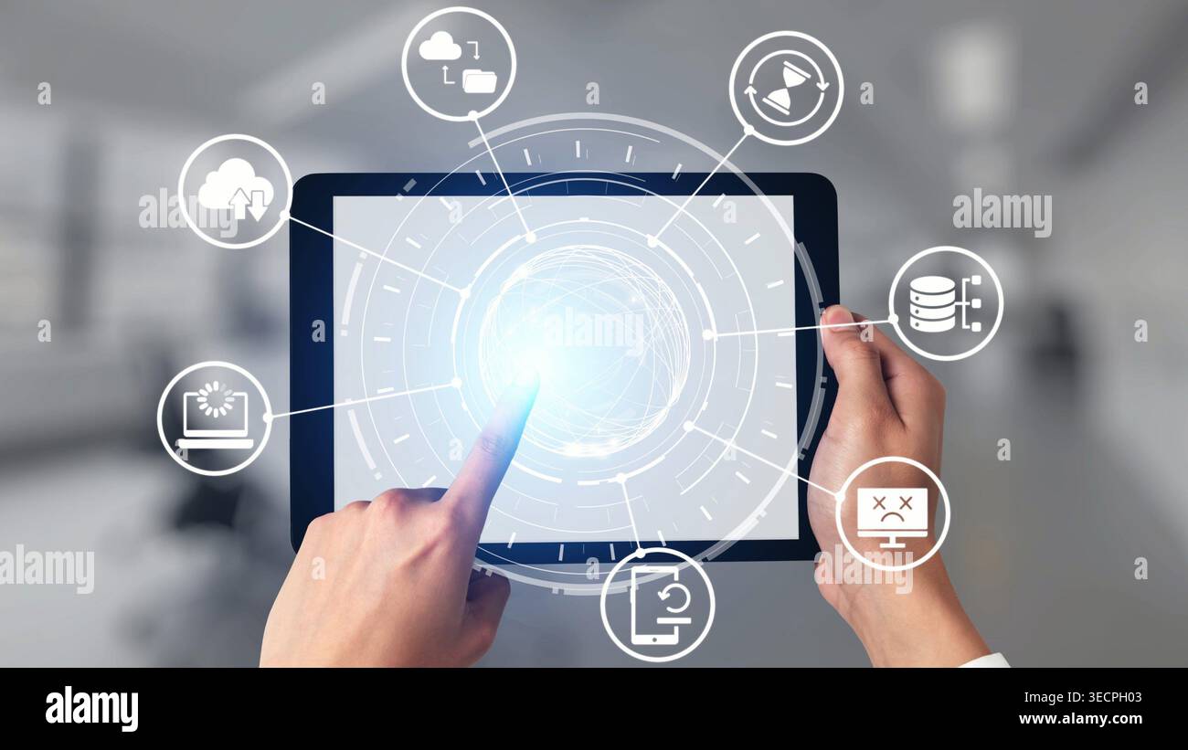 Cloud backup system connects devices through a secure data backup network. Data backup ensures protection, data backup reliability, and recovery. Gist Stock Photo