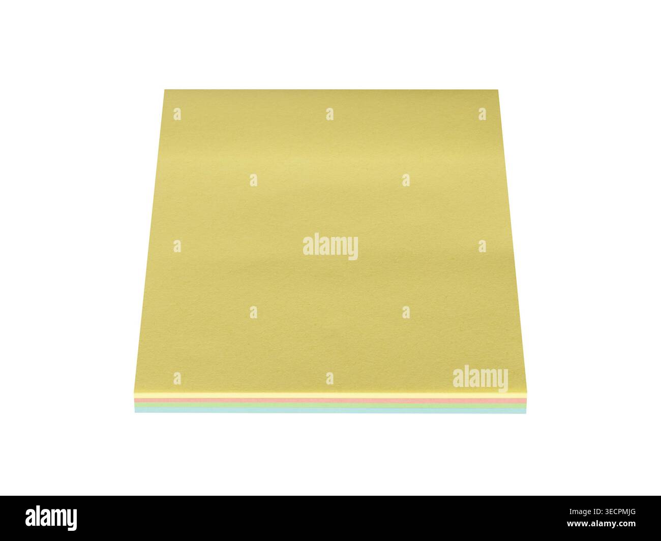 Yellow sticky note pad with colorful sheets. Planning, organization, and communication concept. Isolated on white background. Stock Photo