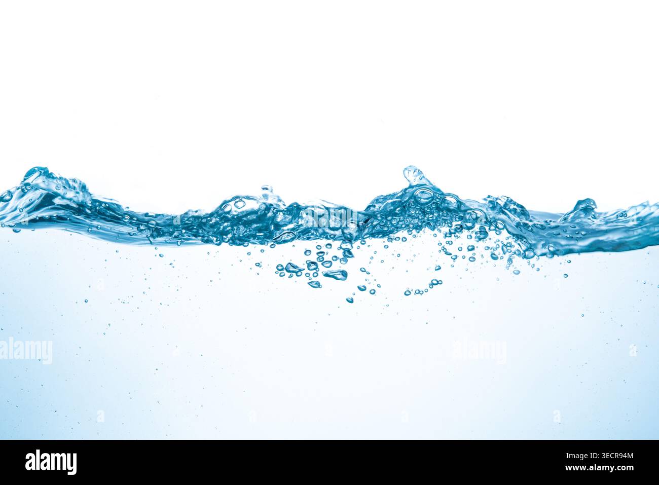 Blue water creating splashes and bubbles against a white background Stock Photo