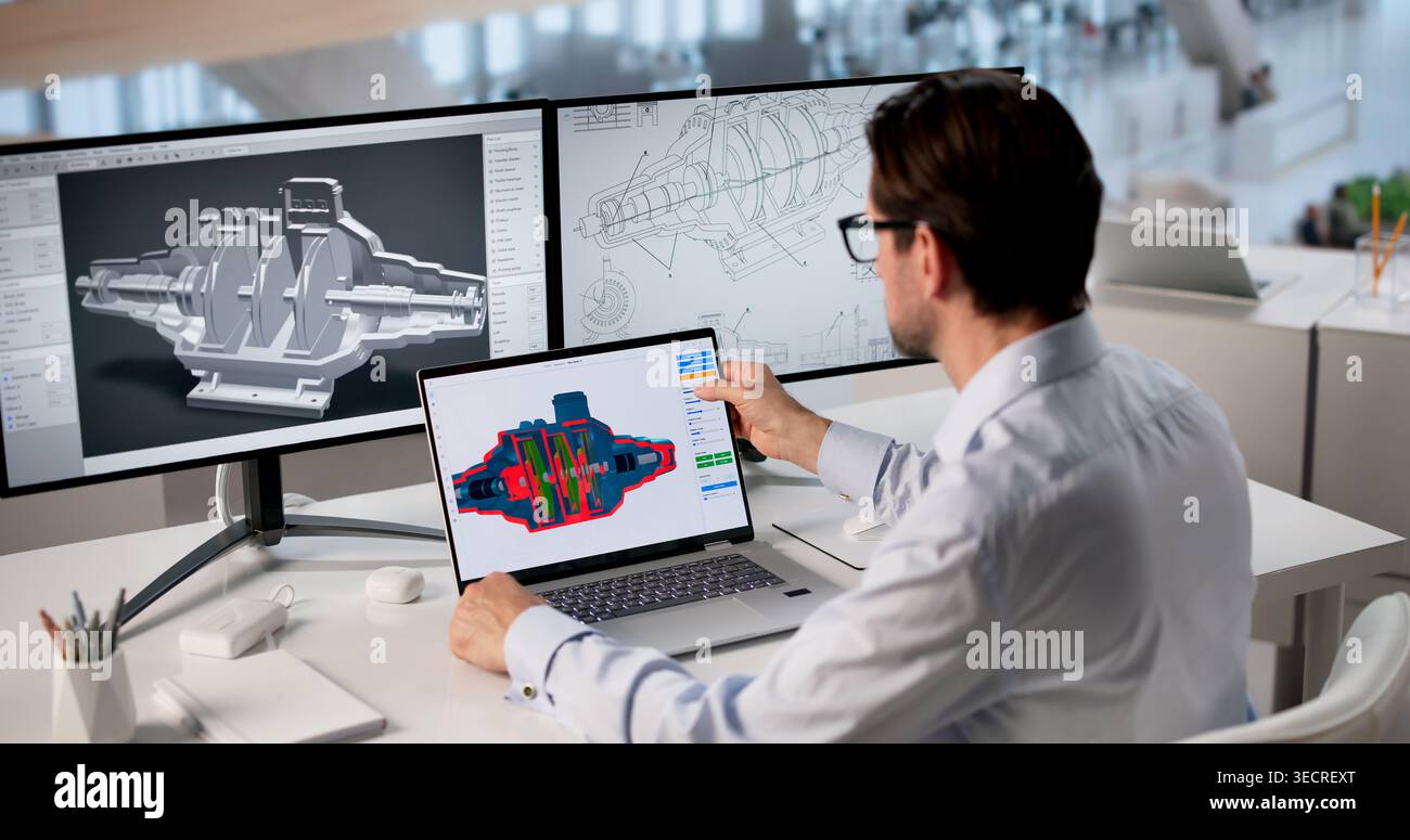 Experienced Engineer Uses Laptop Software To Design Efficient Turbine Model. Stock Photo